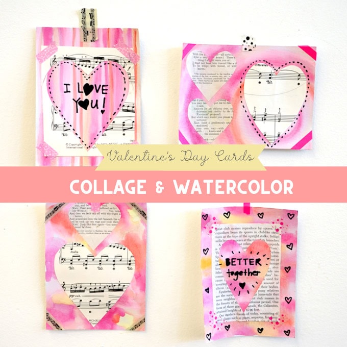 Handmade Valentine’s Day cards featuring collage and watercolor designs with musical notes and heartfelt messages for loved ones. Perfect for DIY greeting cards and romantic gift ideas.