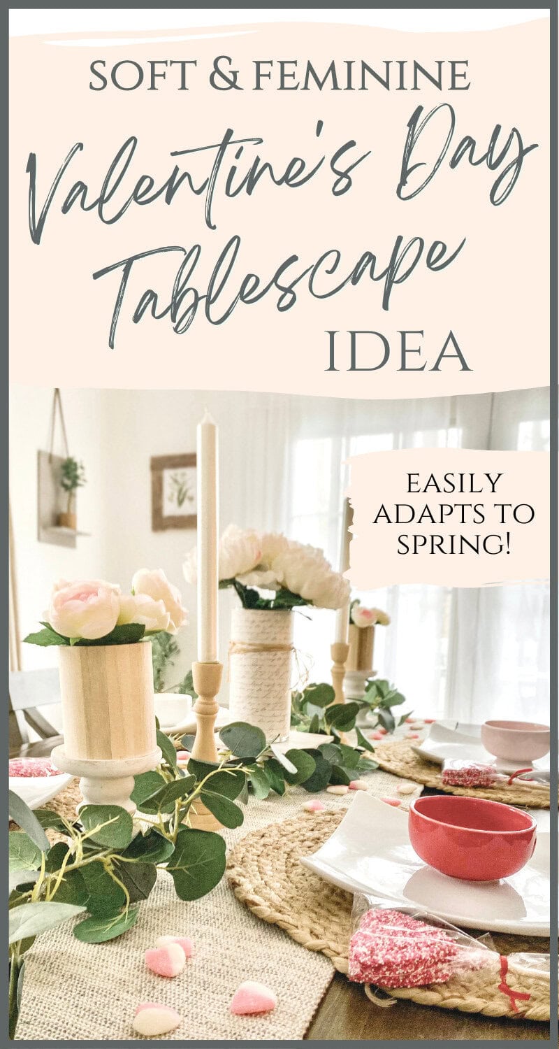 spring inspired valetine's day tablescape with peonies, eucalyptus, in rustic neutral farmhouse style. 