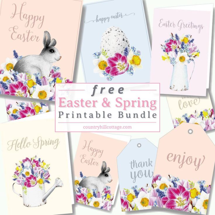 A set of colorful printable Easter and spring greeting cards featuring floral designs, rabbits, and messages perfect for celebrating the season. Ideal for using in seasonal crafts, gifts, and heartfelt notes.