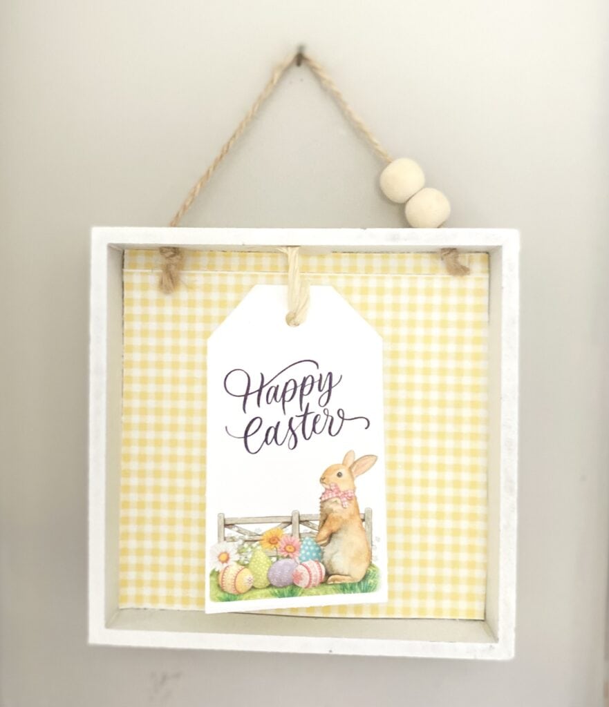 recessed frame with yellow gingham and printable easter tag for diy home decor