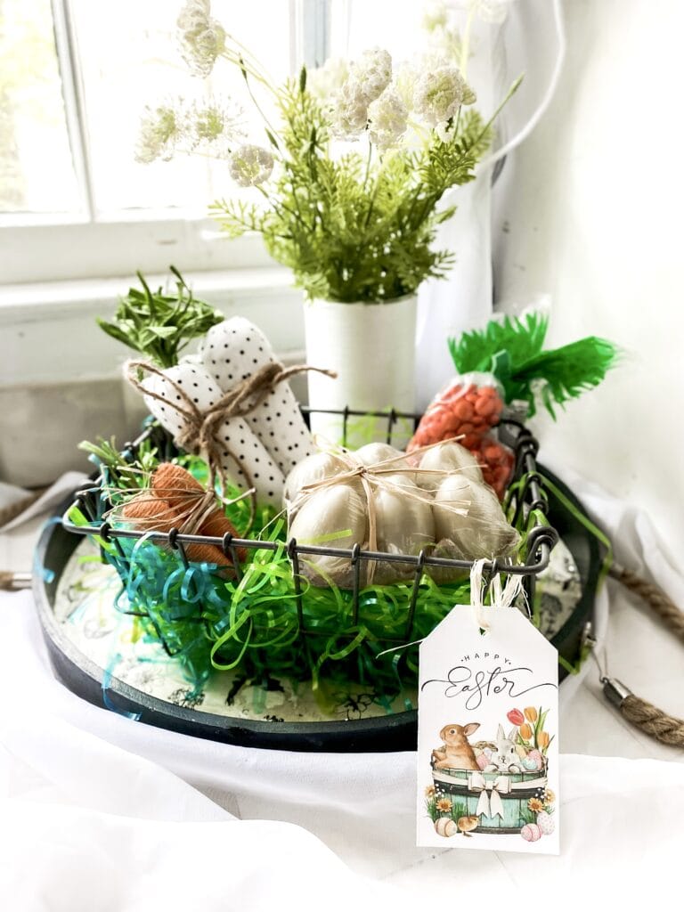 easter basket with free printable tags on counter