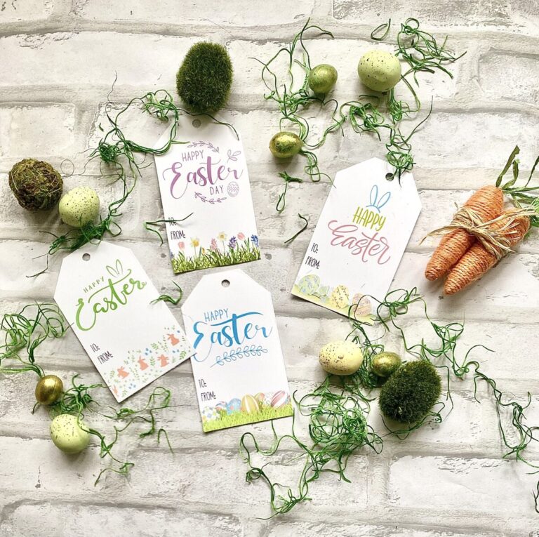 Bright Easter gift tags with colorful spring illustrations, surrounded by Easter eggs, moss, carrots, and decorative green vines on a white brick background.