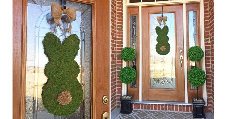 Moss bunny door wreath with bow on a wooden front door, spring home decor, nature-inspired wreath, charming holiday door decoration.