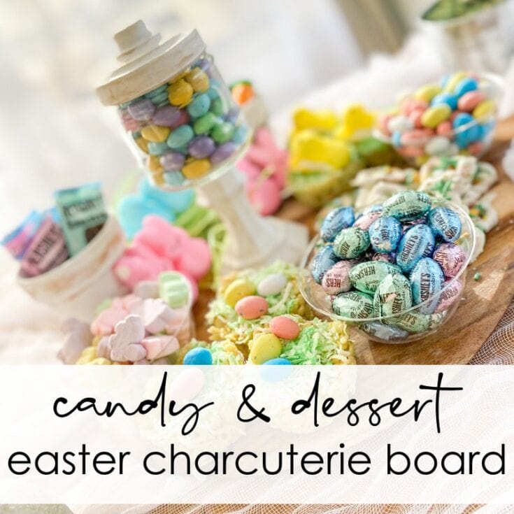 Colorful Easter candies and desserts displayed on a charcuterie board, perfect for spring celebrations and festive gatherings.