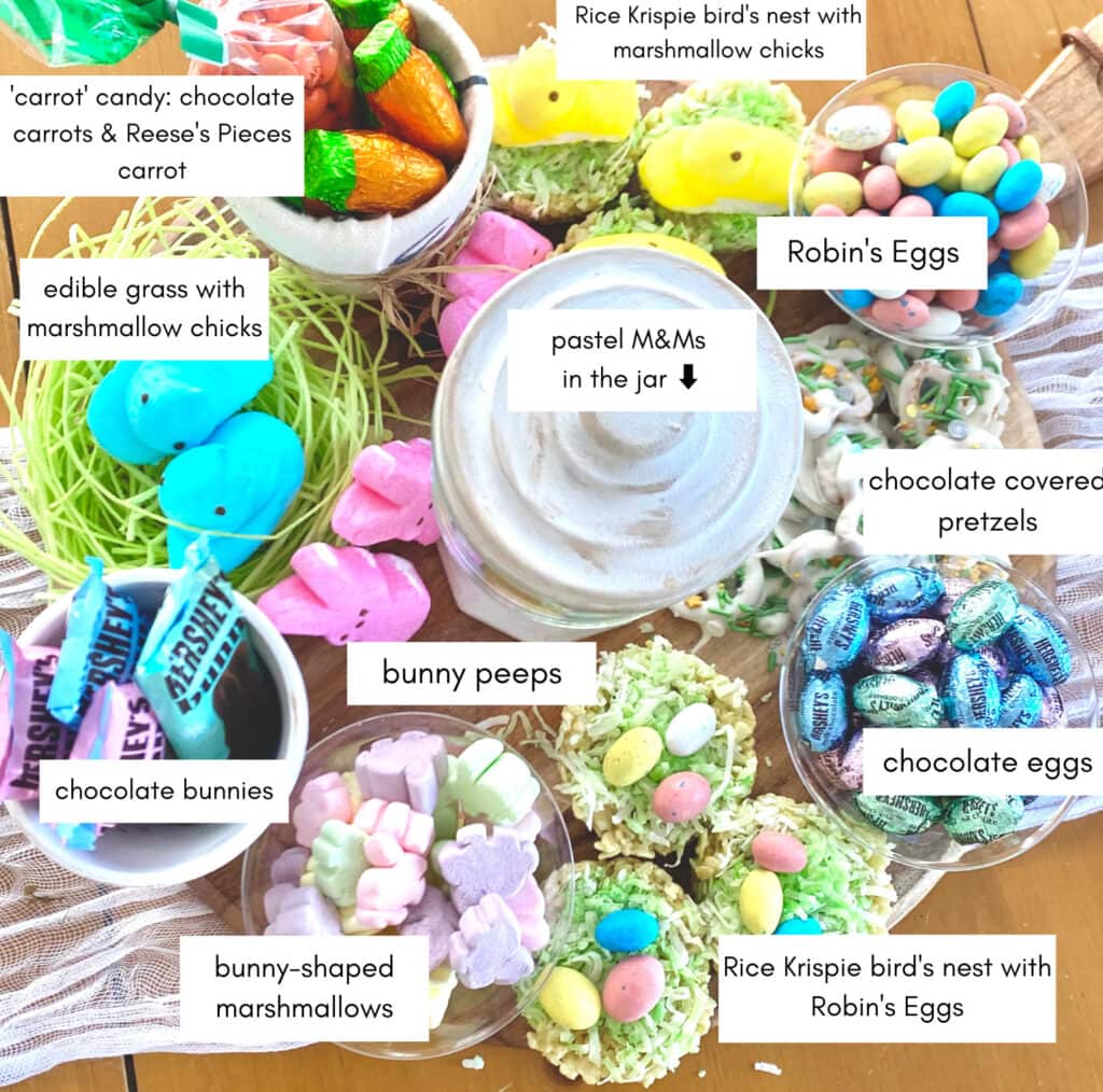 labeled candies for Easter candy charcuterie board