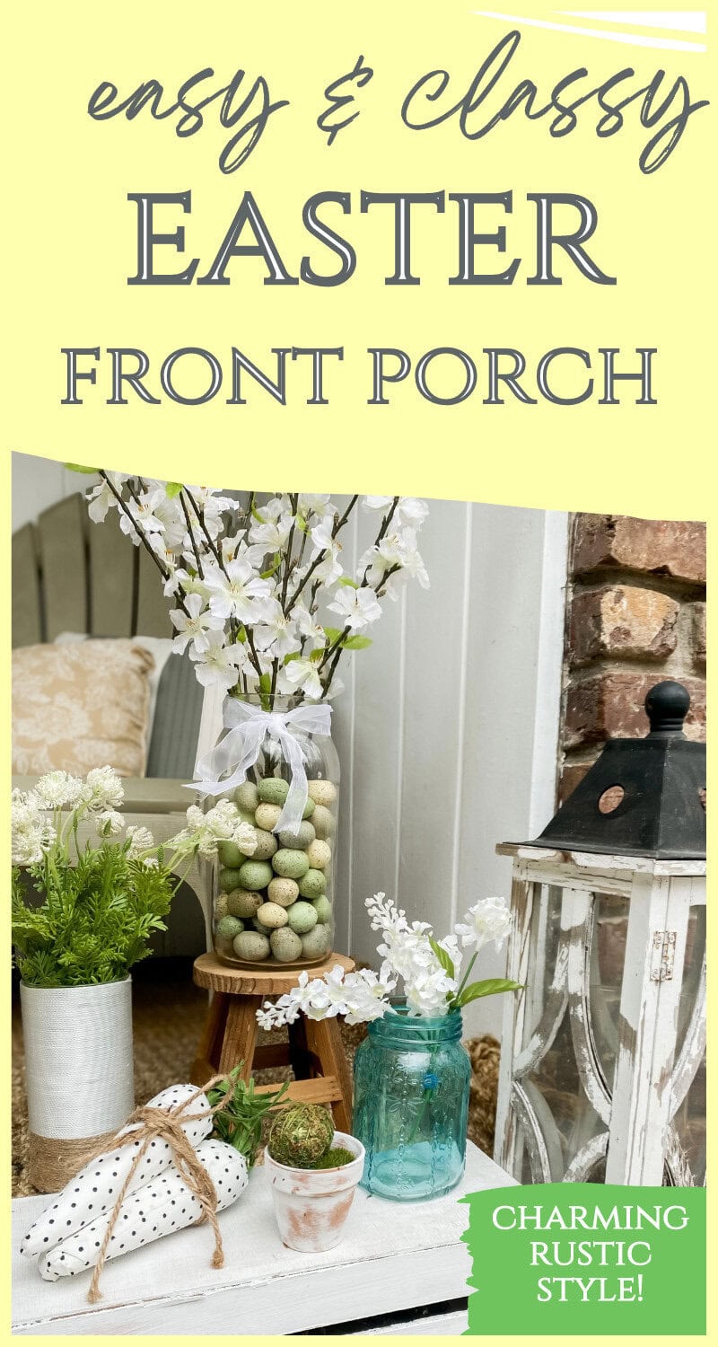 farmhouse easter porch with vase with eggs and faux flowers, lantern, tinted mason jar and terra cotta flower pot