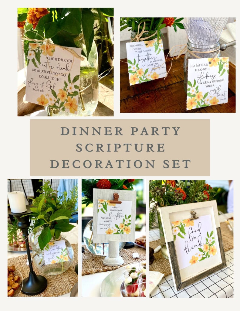Bright yellow-orange floral scripture tags for wedding or dinner party decor, featuring inspirational Bible verses and elegant calligraphy.
