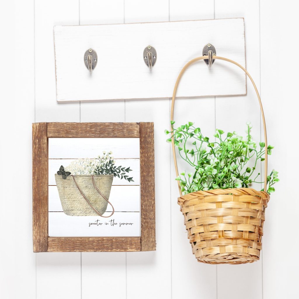 cottagecore summer basket printable wall art in a frame on hook