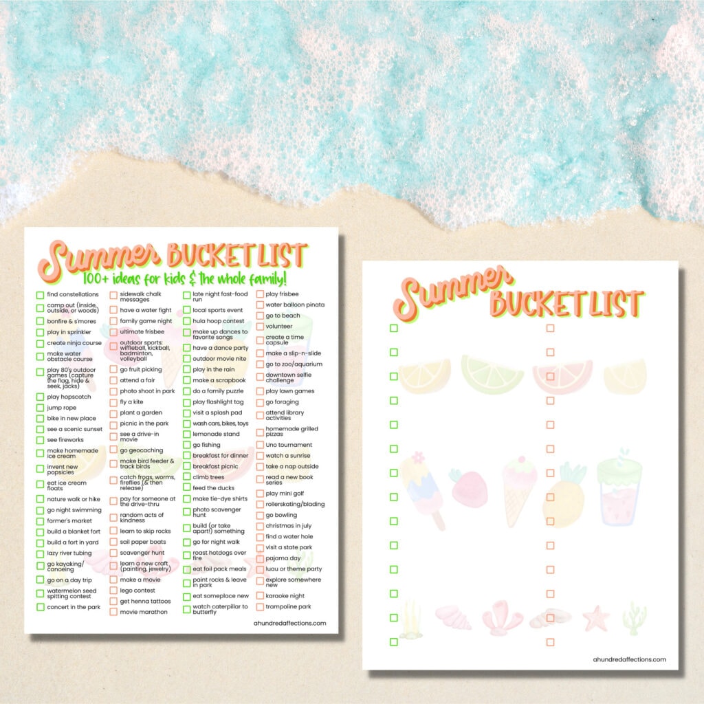 summer bucket list and blank free printable pdf on beach