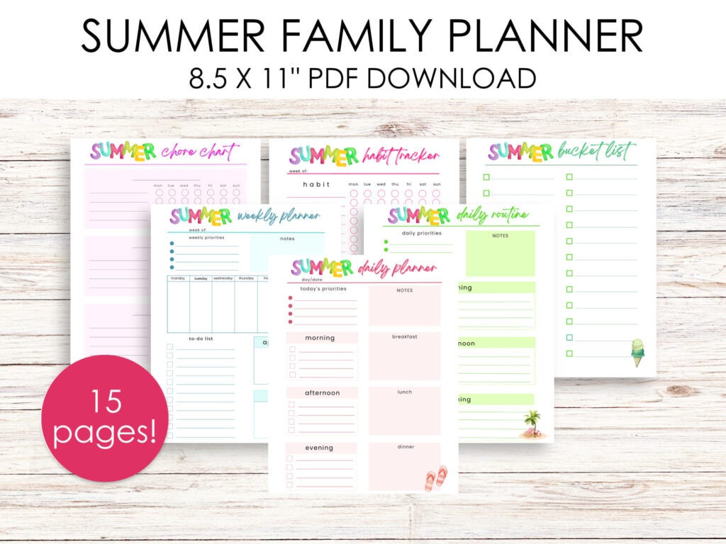 summer family planner download with sample sheets habit tracker bucket list weekly planner chore chart daily routine