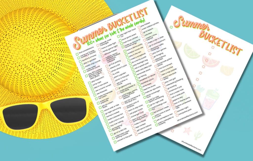 Bright yellow straw hat with sunglasses and summer bucket list sheets for family fun, outdoor activities, and summer adventures.