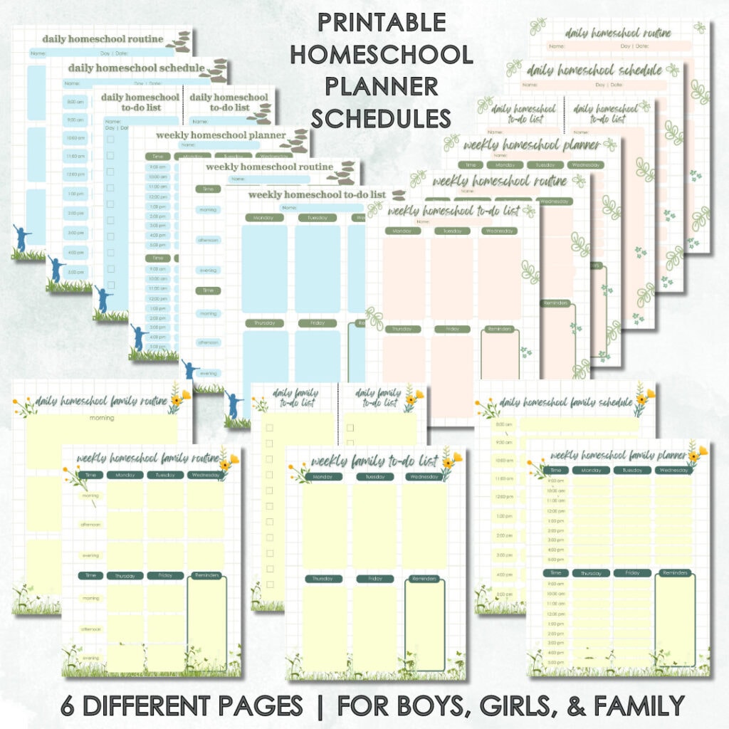 Colorful printable homeschooling planner schedules for boys, girls, and families, including daily, weekly, and monthly routines, with multiple design options for easy organization and time management.