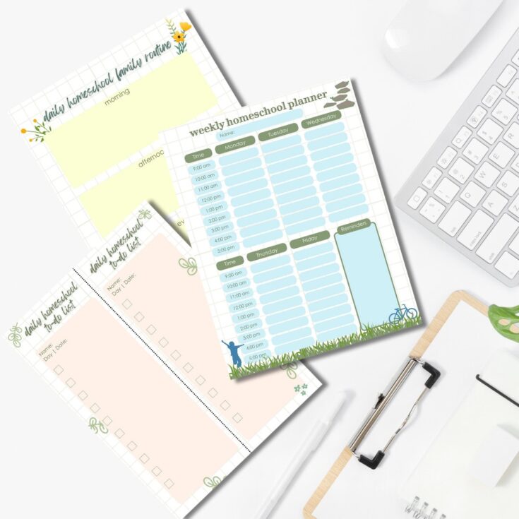 Colorful weekly homeschool planner with schedule sections, daily task checklists, and playful outdoor-themed design for organizing family education.