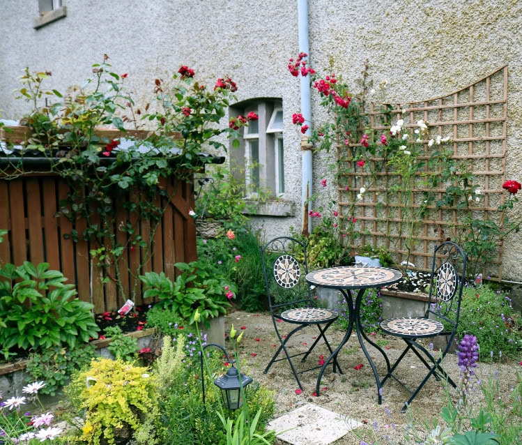 Colorful floral garden with cozy seating area, lush greenery, and decorative roses, perfect for outdoor relaxation and garden aesthetic.