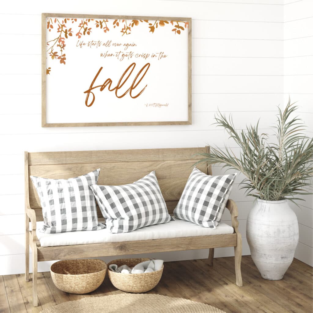 Soft fall decor with dried pampas grass in a black vase, pumpkins, and a framed quote, perfect for autumn home decor and seasonal styling.