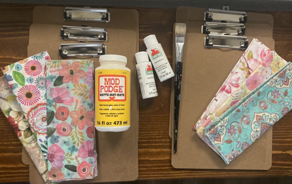 materials for clipboard command center - clipboards tissue paper, mod podge, brush