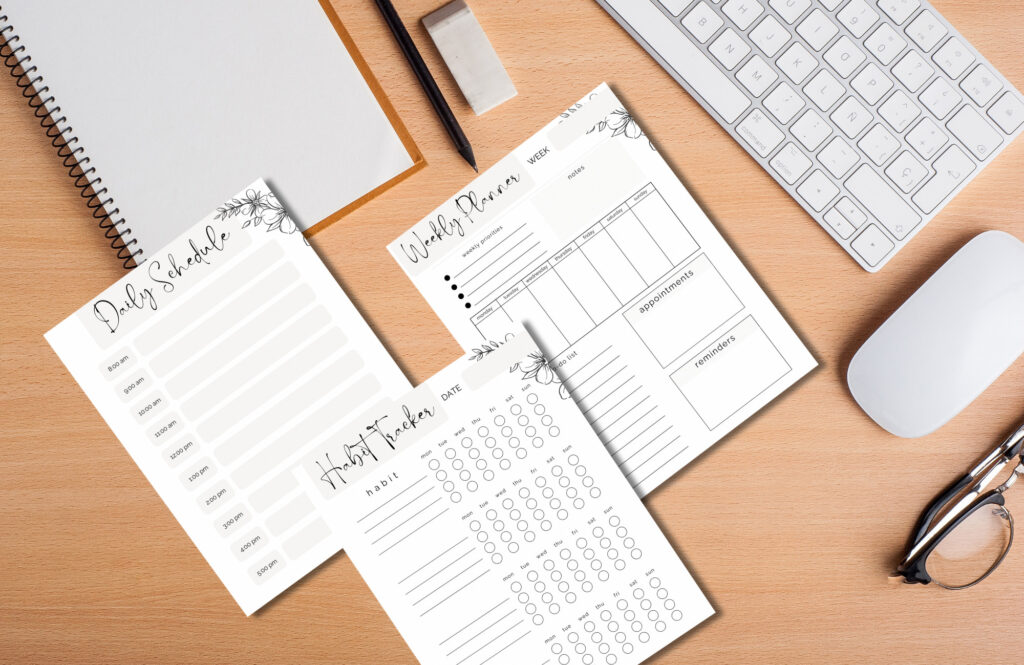 printable planner pages on desk