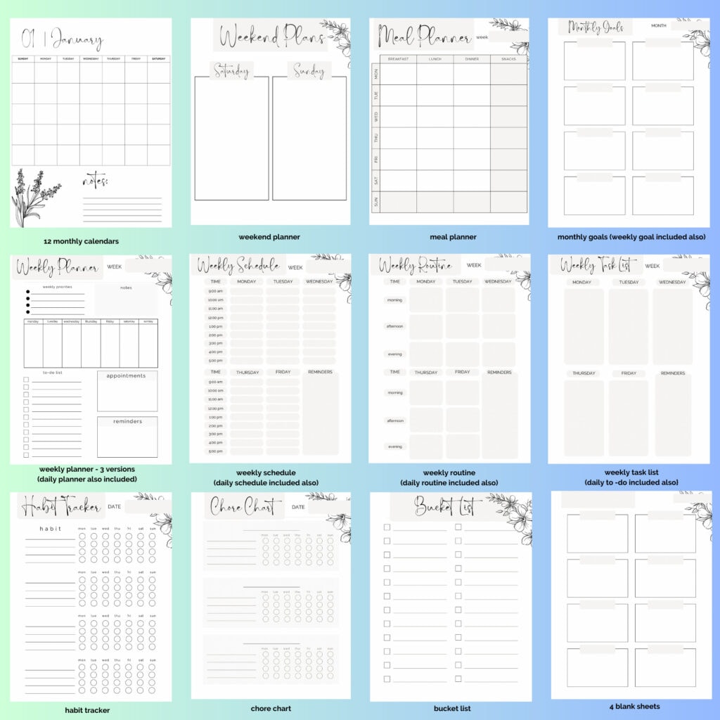 Colorful weekly planner templates with goal setting, daily schedules, habit trackers, chore charts, and task lists for organized living and productivity.
