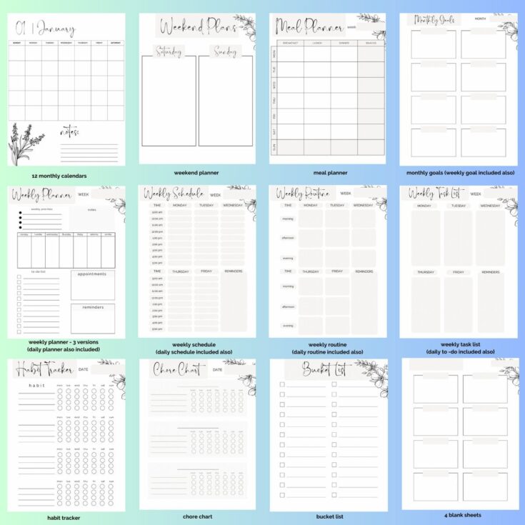 Colorful weekly planner templates with goal setting, daily schedules, habit trackers, chore charts, and task lists for organized living and productivity.