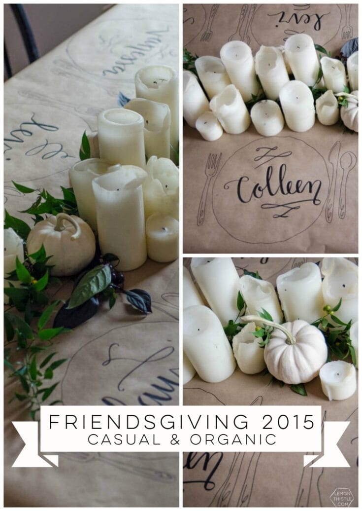 Votive candles and mini pumpkins arranged on rustic table setting for Friendsgiving 2015 with a casual, organic aesthetic.