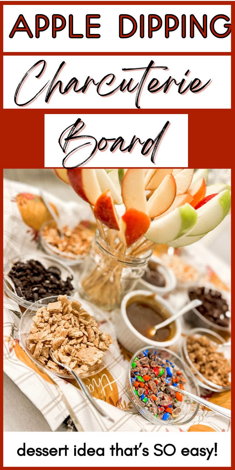 Decorative apple dipping charcuterie board with assorted toppings, perfect for festive dessert ideas and easy sweet snack platters for gatherings.