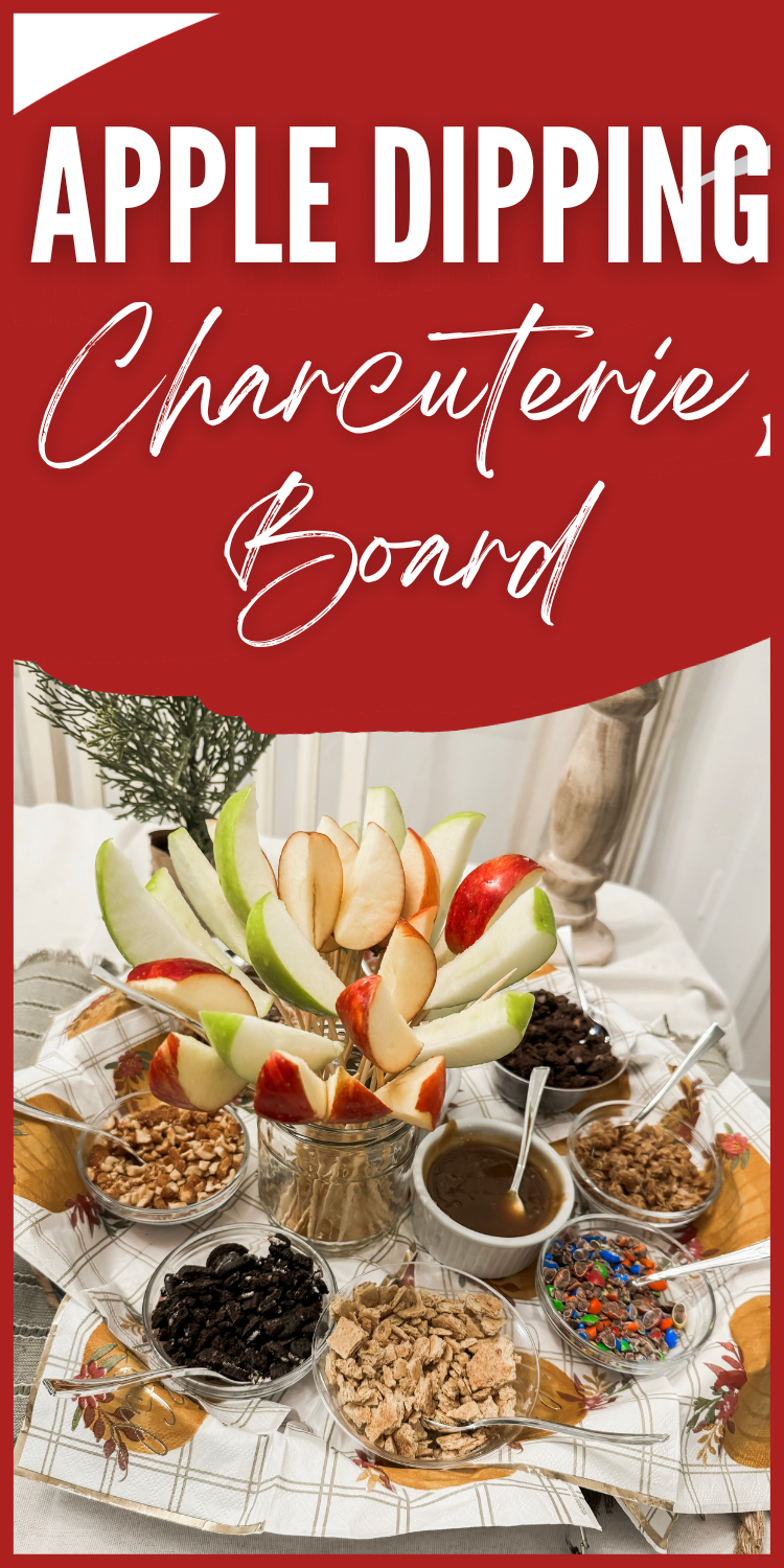 apple dipping charcuterie board with apples, dips, and topping