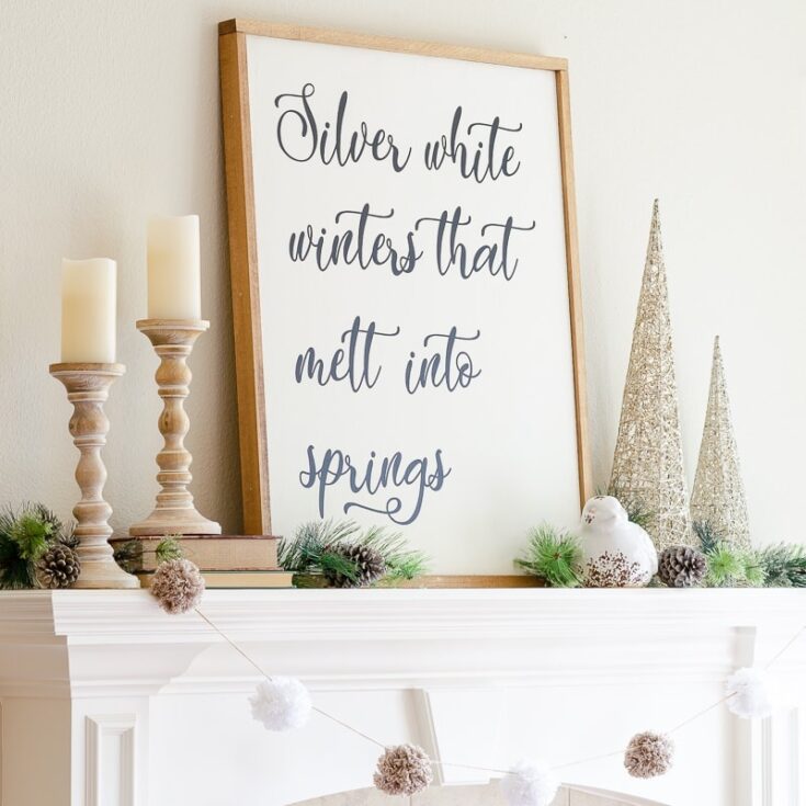 A hundred affections, winter to spring decor, seasonal holiday mantel display with candles, greenery, and decorative trees.