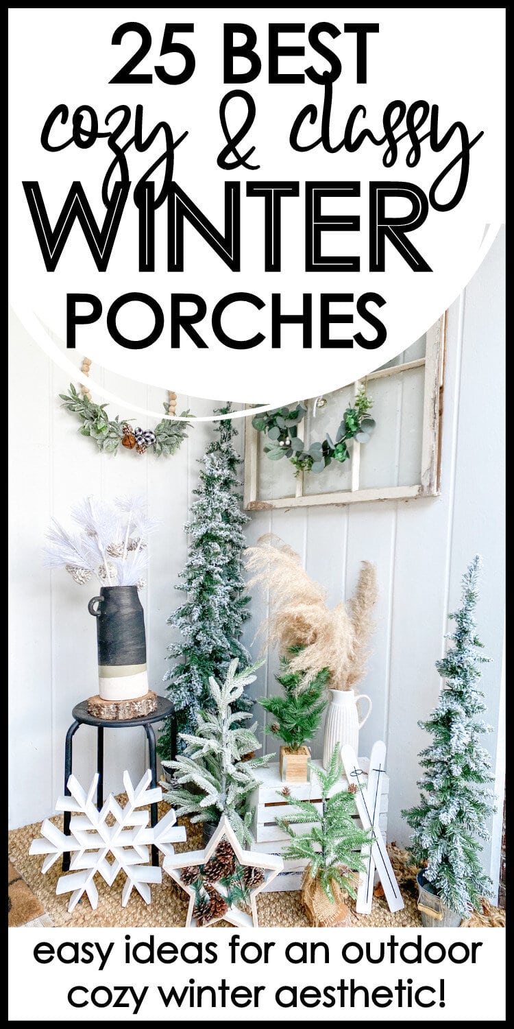 Festive winter porch decor ideas with cozy holiday decorations, evergreen trees, snowflakes, and rustic accents for a warm and inviting outdoor winter aesthetic.