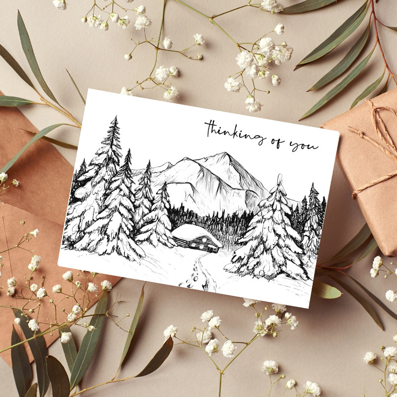 thinking of you winter greeting card mockup with baby's breath
