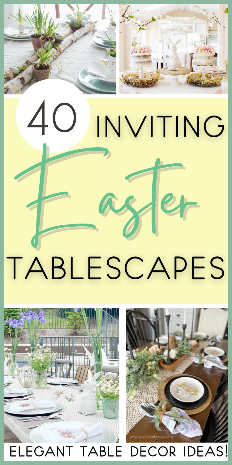 collage easter tablescape with rustic tables