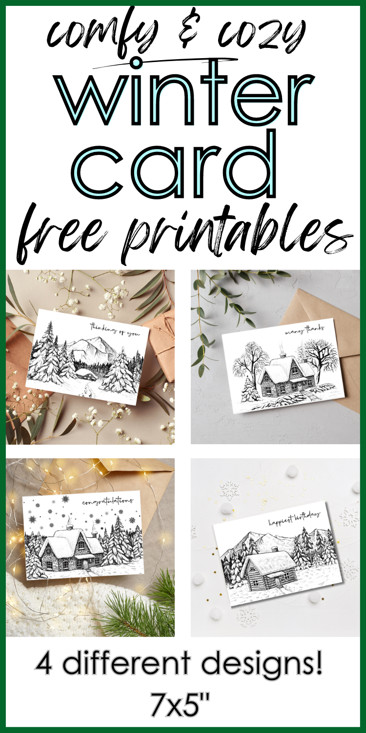 winter printable cards free many thanks, happiest birthday, congratulations, thinking of you collage pin