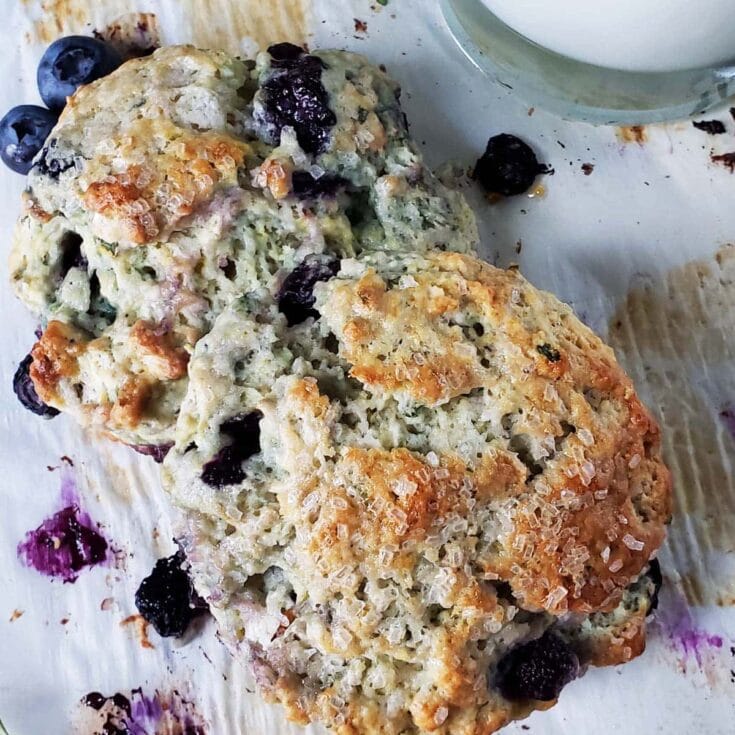 Fresh blueberry lemon bread with a golden crust, dotted with blueberries and topped with sugar crystals, served on parchment paper — a perfect homemade baked good from A Hundred Affections.