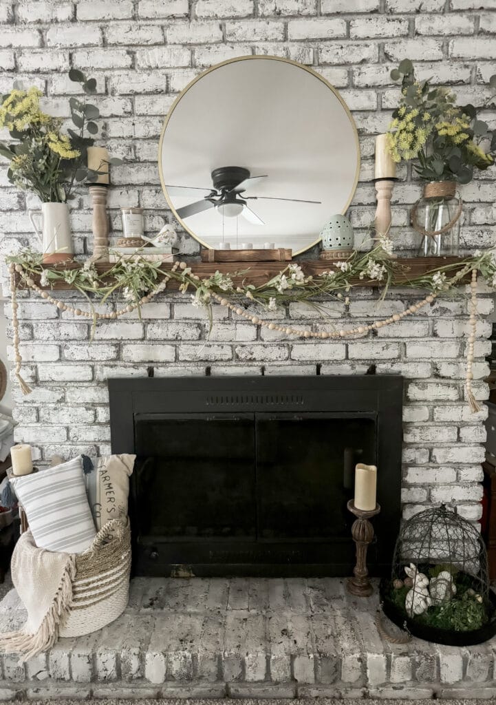 spring mantel with vintage garden decor