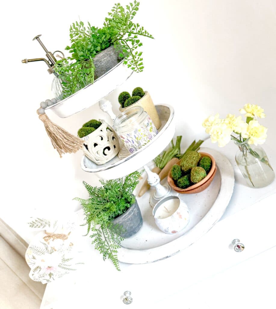 spring tiered tray with spring garden decor