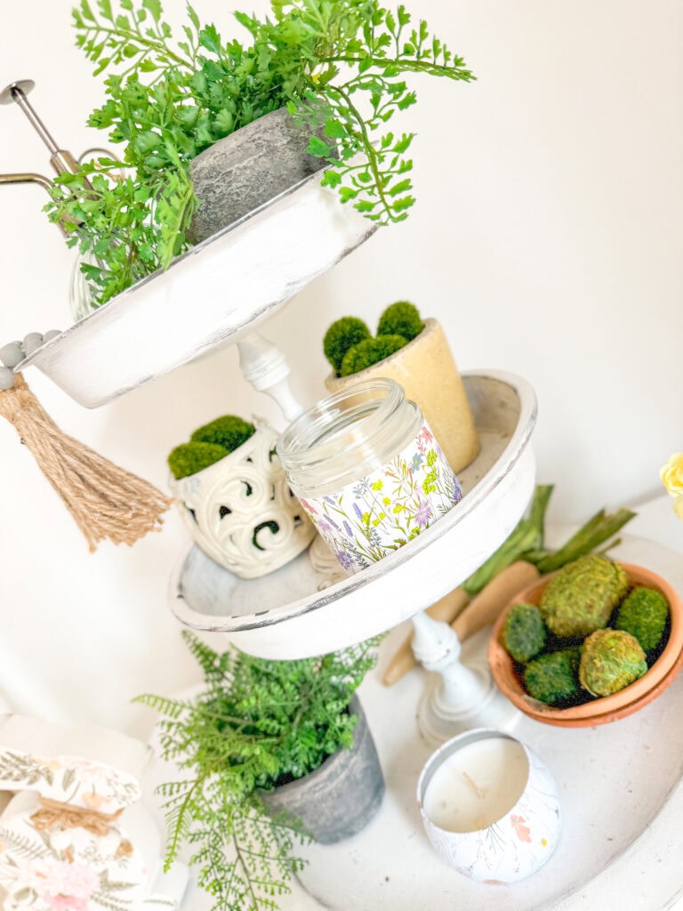 spring tiered tray with spring garden decor