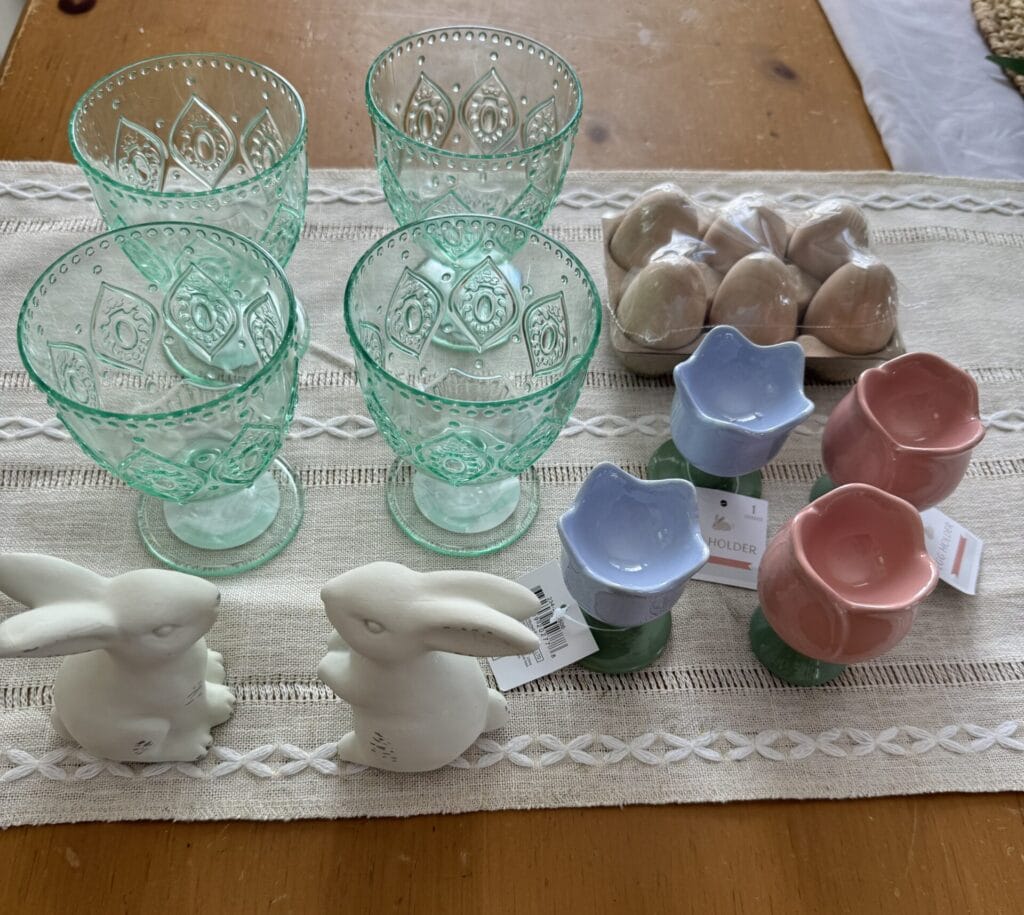 Target spring and easter decor plastic goblets egg holders, wooden eggs, clay bunnies