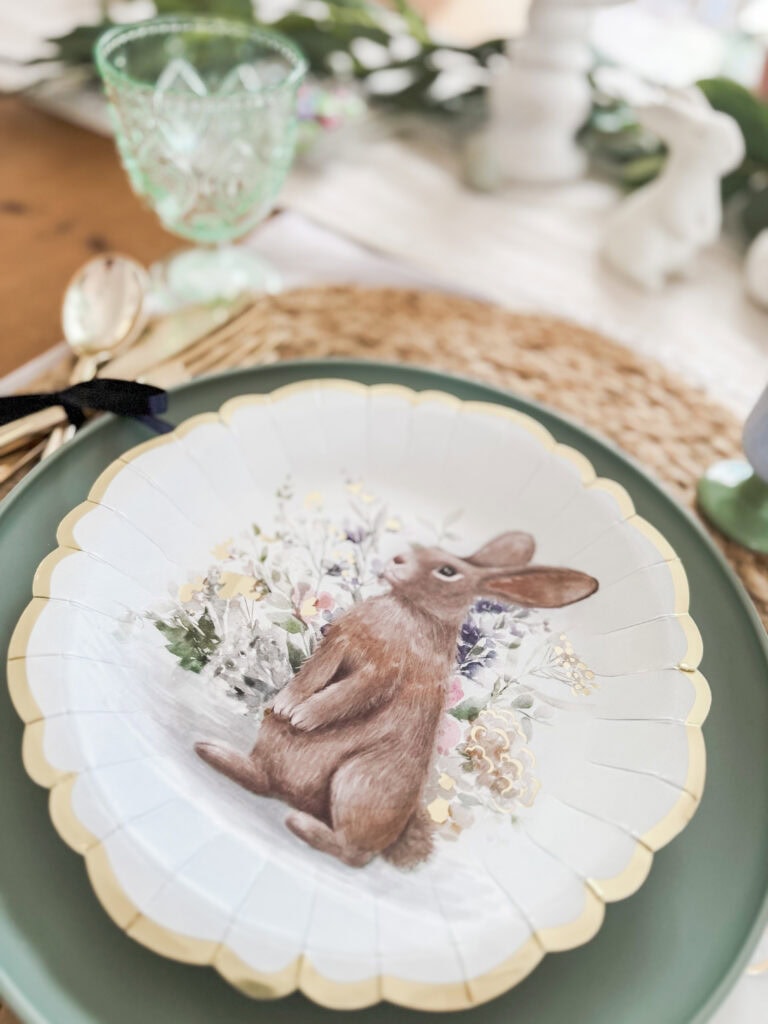 bunny paper plate on plastic sage dish for easter place setting