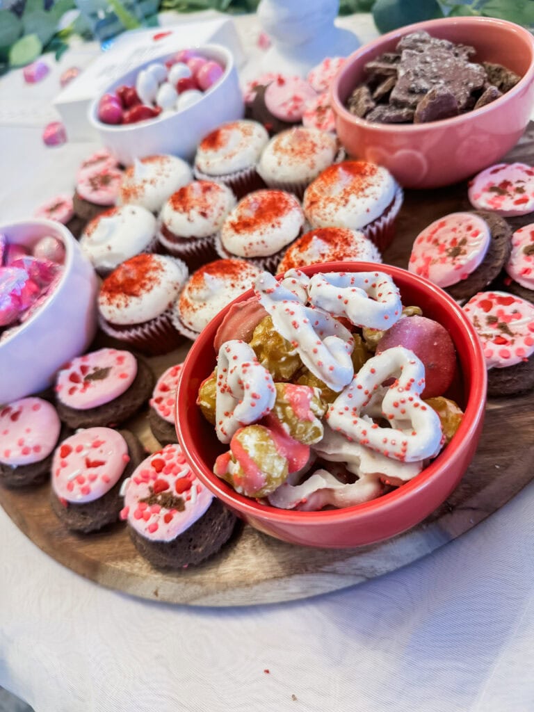 galentine's day mini heart pretzels on charcuterie board