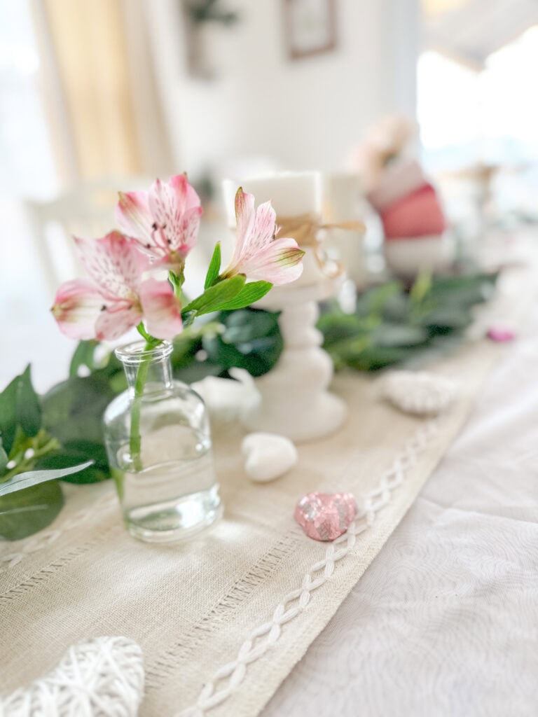 valentine table with bud vases and candles