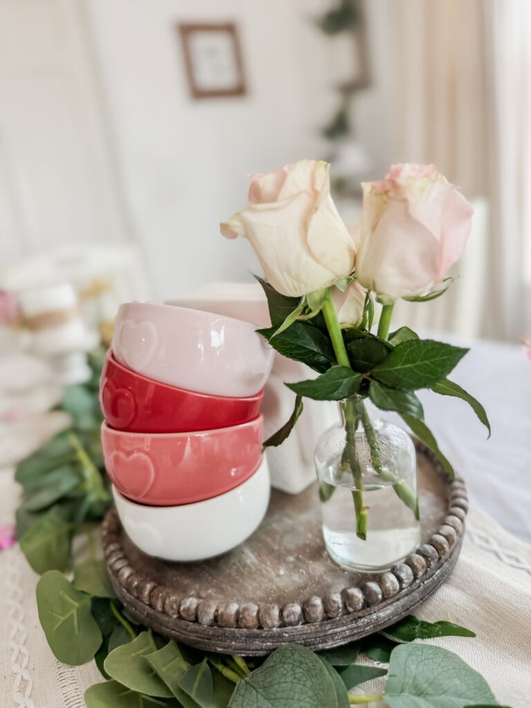 valentine bowls stacked on center valentine table tray