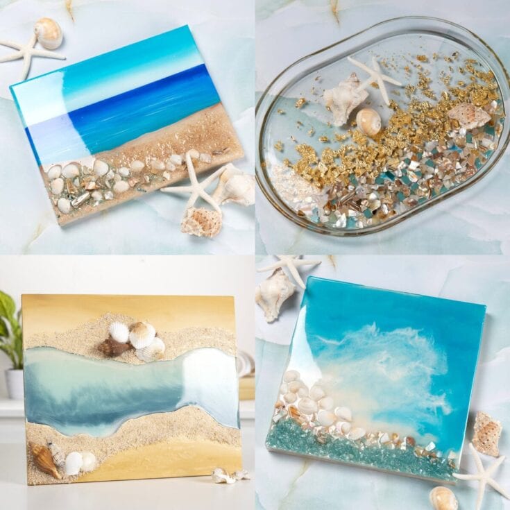 Beach-inspired resin art with seashells, starfish, and shimmering gold accents, perfect for coastal decor and ocean-themed home decor collections.