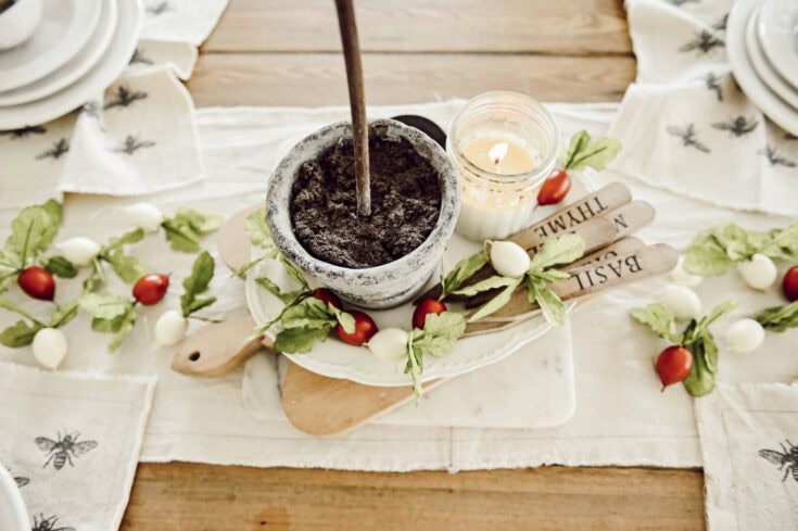 garden summer table scape with garden markers, bee napkins