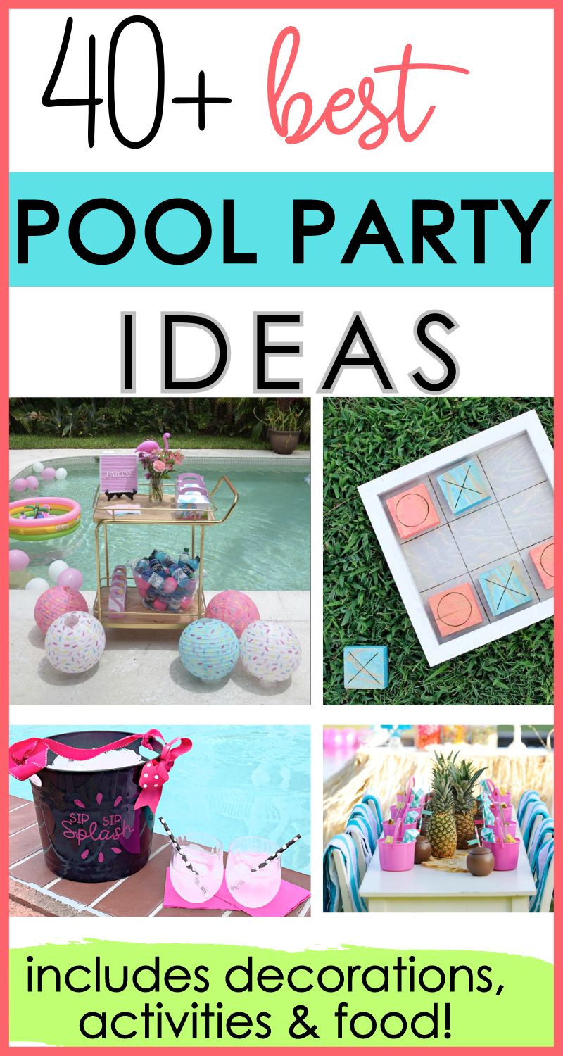 pool party ideas collage decorations, food, activities pin