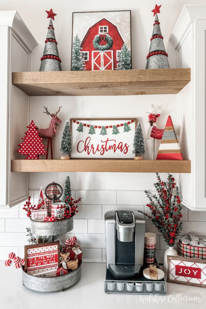 Decorative Christmas themed shelves with red and white ornaments, reindeer figures, a coffee machine, and holiday signs creating a cozy holiday atmosphere.