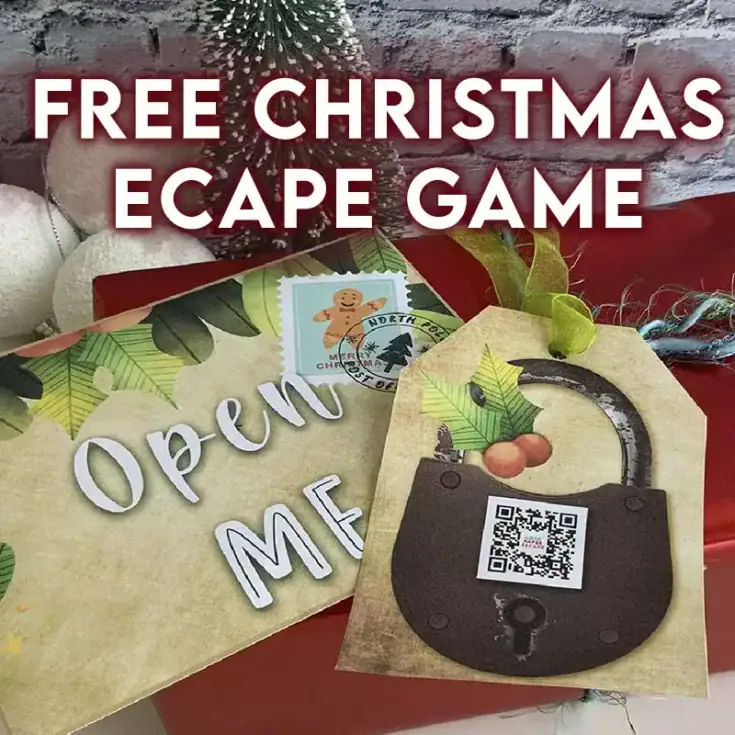 Free Christmas escape game promotion with festive decor and QR code, perfect for holiday party activities, involving puzzles and fun challenges for all ages.