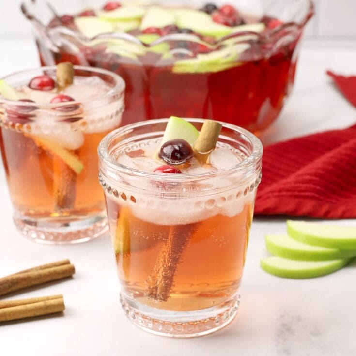 Refreshing autumn-themed apple cranberry cocktails with cinnamon sticks, fresh apple slices, and a vibrant red fruit punch in elegant glassware. Perfect for cozy gatherings or festive occasions.