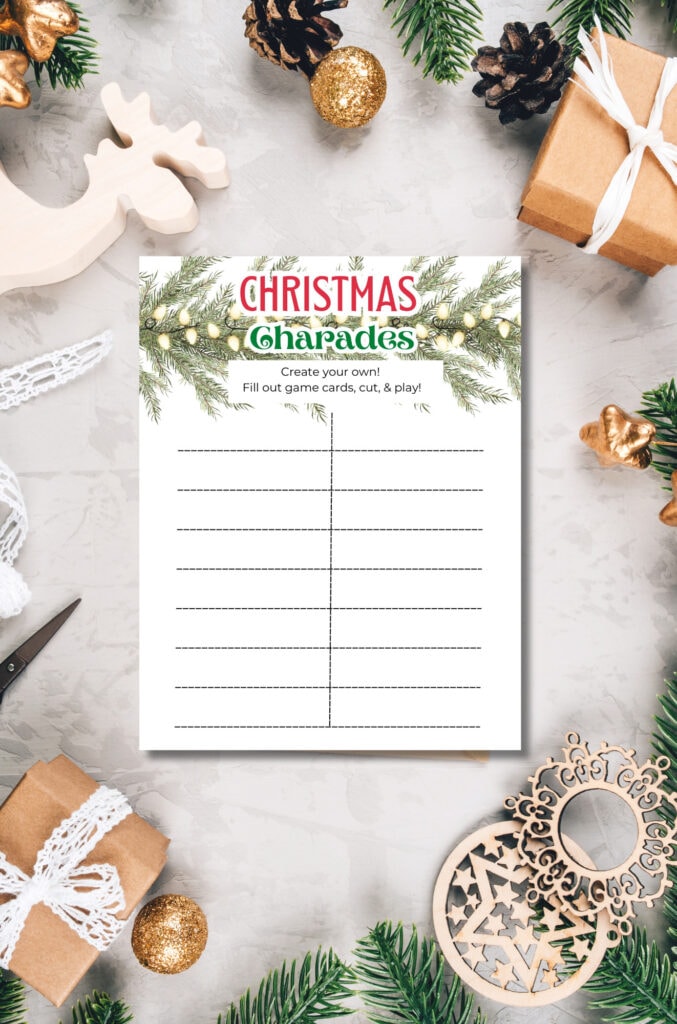 Festive Christmas charades game sheet with holiday greenery and ornaments.