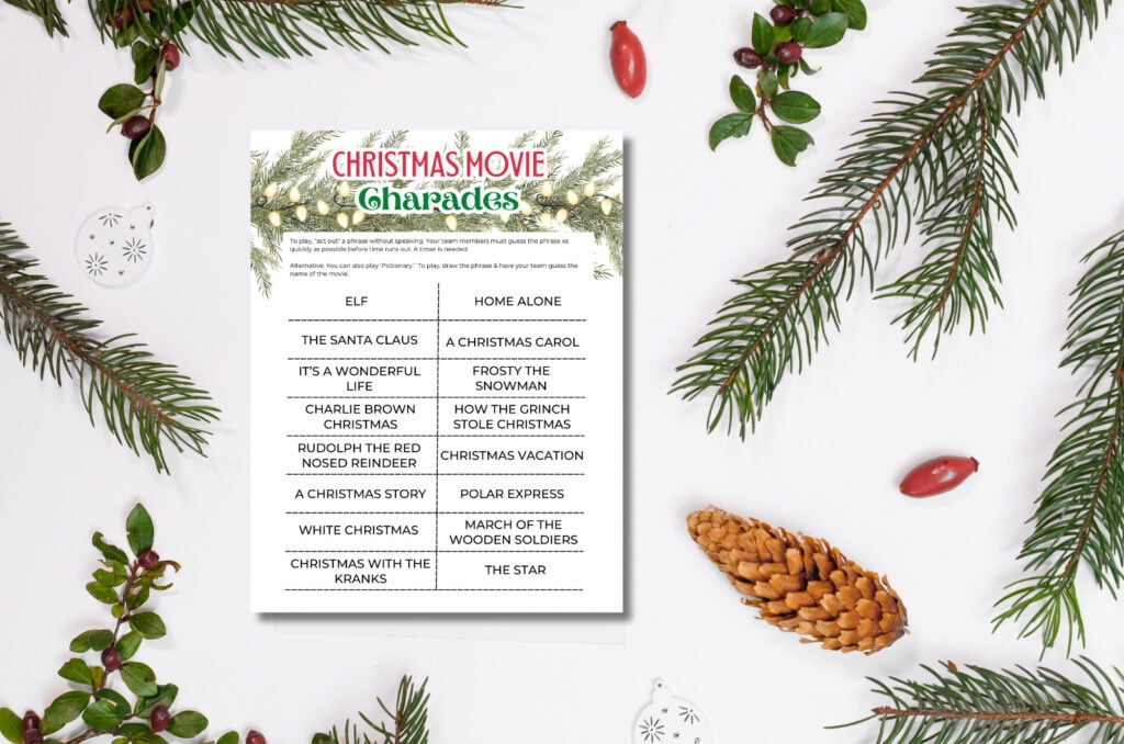 Festive holiday movie quote game sheet with Christmas decor, pine branches, and pine cone for family fun, perfect for Christmas party activities and Christmas movie night games.