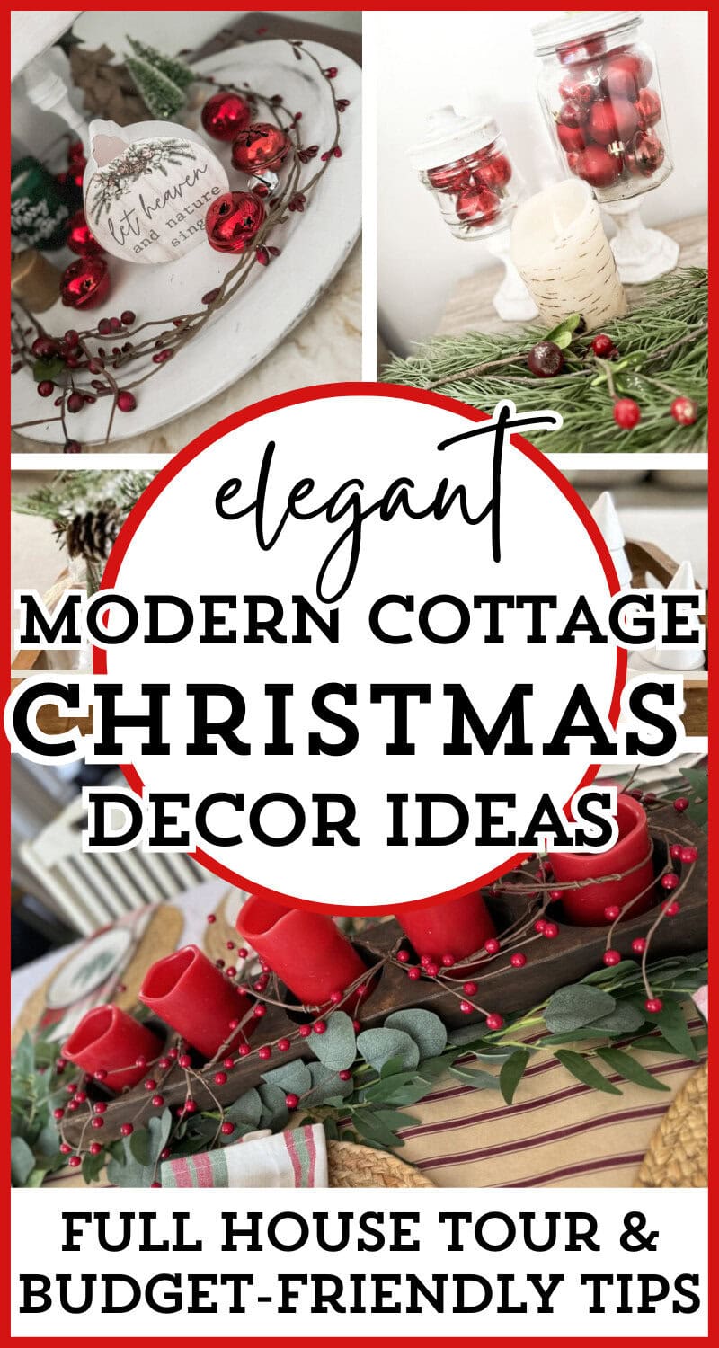 Festive Christmas cottage decor ideas with red accents, greenery, candles, and holiday ornaments for elegant small-space holiday decorating.