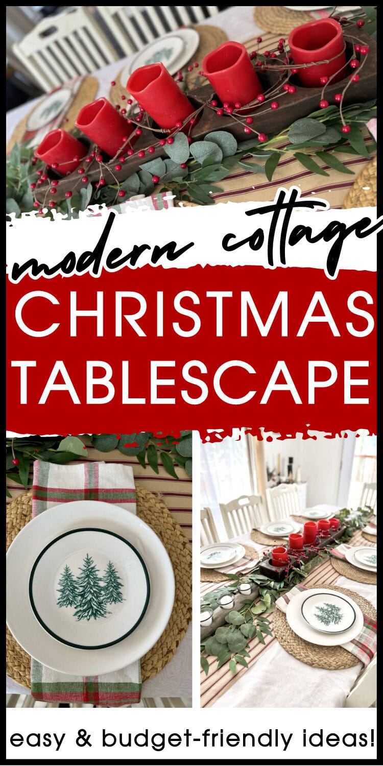 Red Christmas candles with holiday greenery centerpiece for modern cottage holiday tablescape.